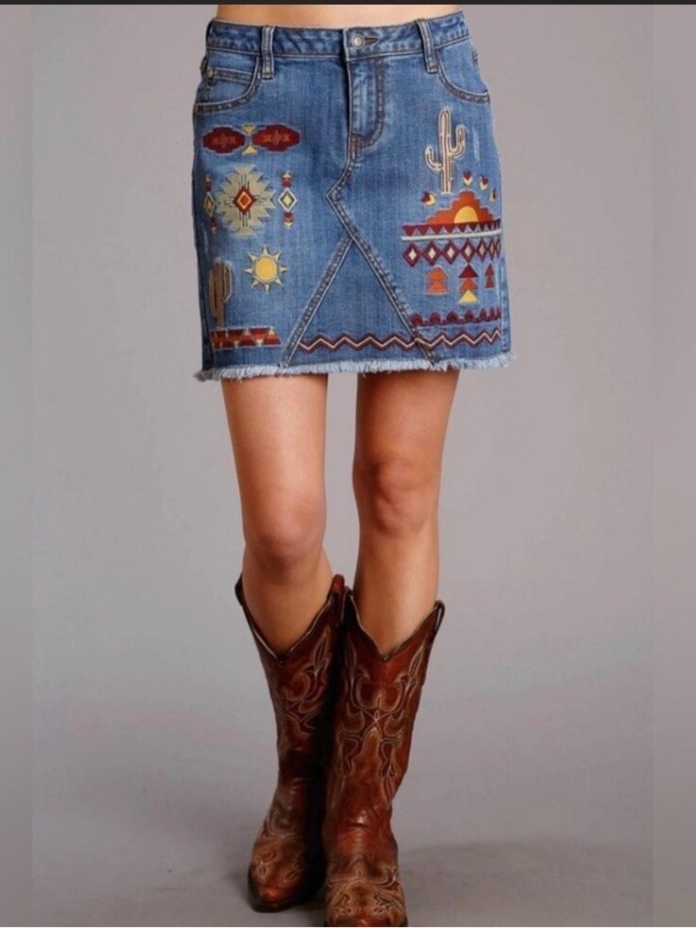 Stetson Embroidered Denim Mini Skirt Southwest Cactus Motif Western Boho Sz 6 - Picture 12 of 12